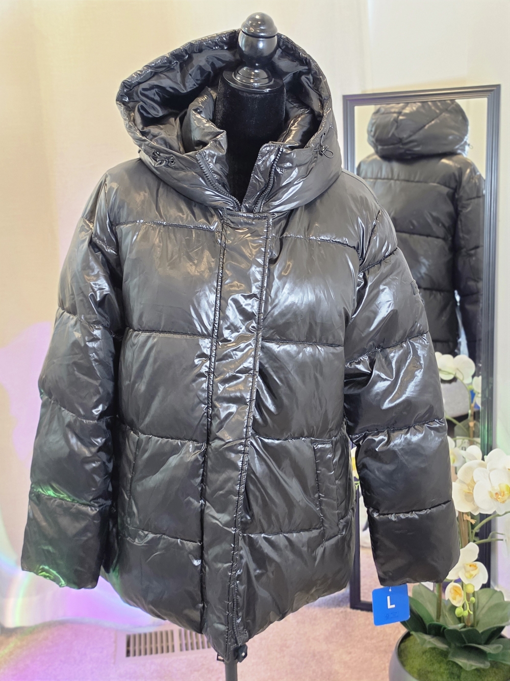 Vince Camuto Glossy Black Hooded Quilted Puffer Jacket